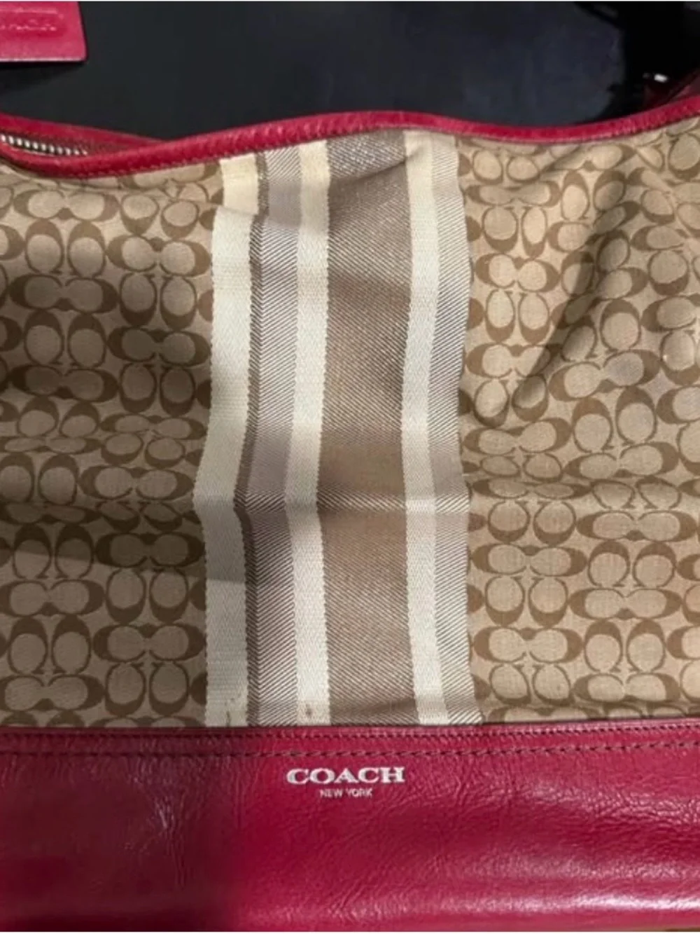 Coach Red Leather Trim Tote with Signature Monogram Interior